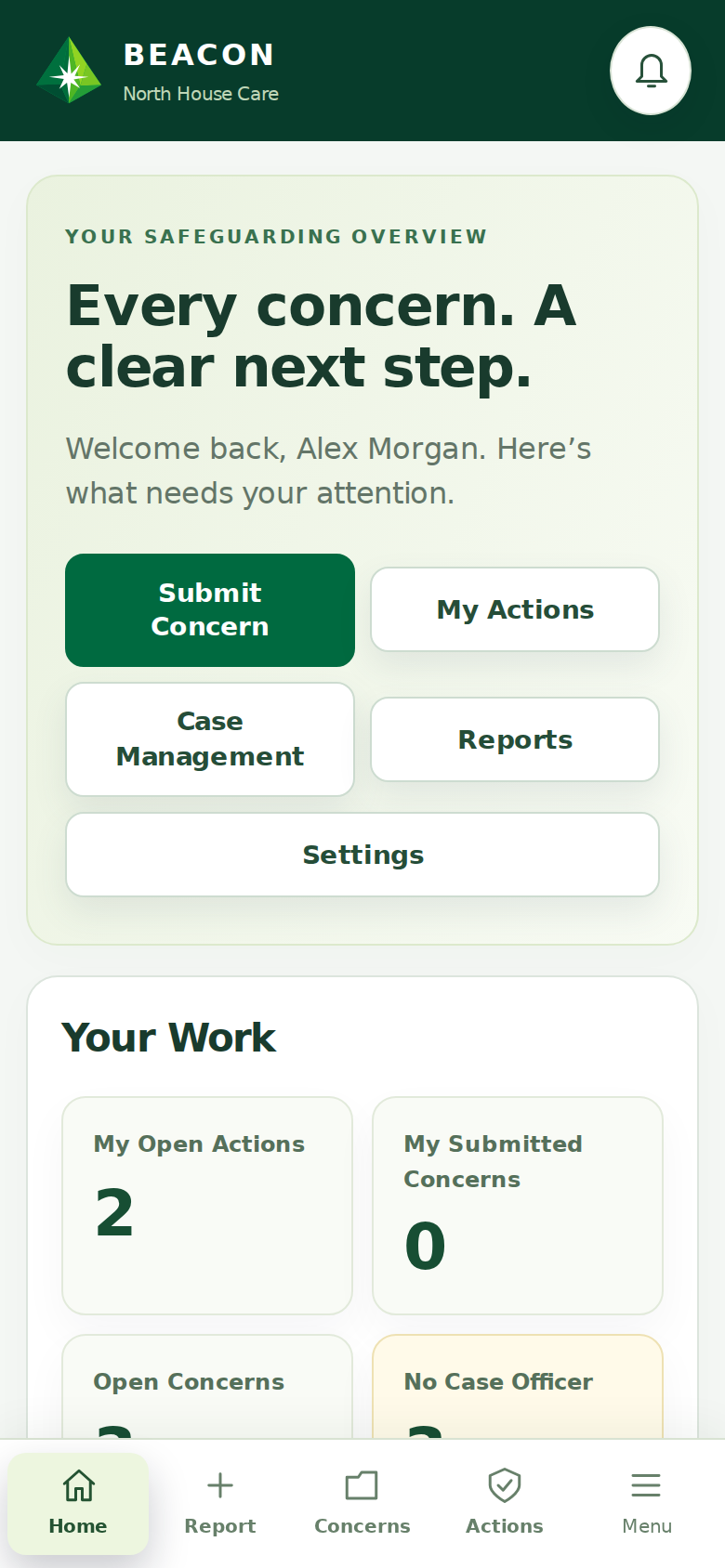 Beacon safeguarding lead dashboard showing quick actions and an overview of their work, using fictional example data.