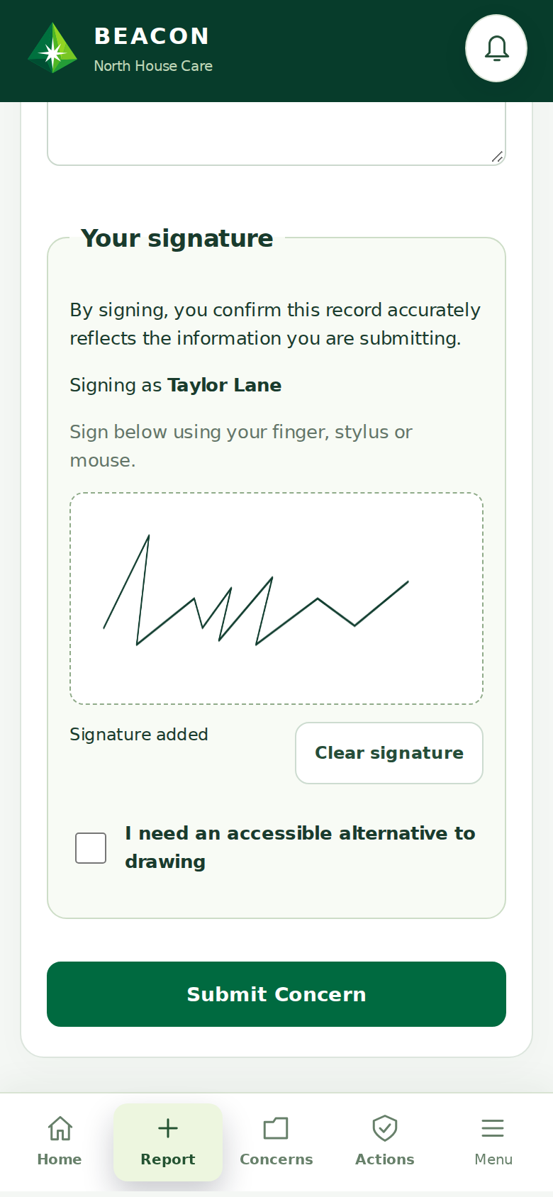 Beacon staff concern form with a drawn signature and the Submit Concern button, using fictional example data.